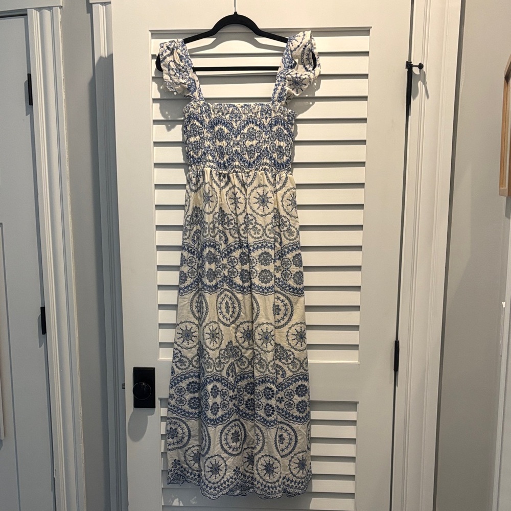 Chic Blue and Cream Midi Dress